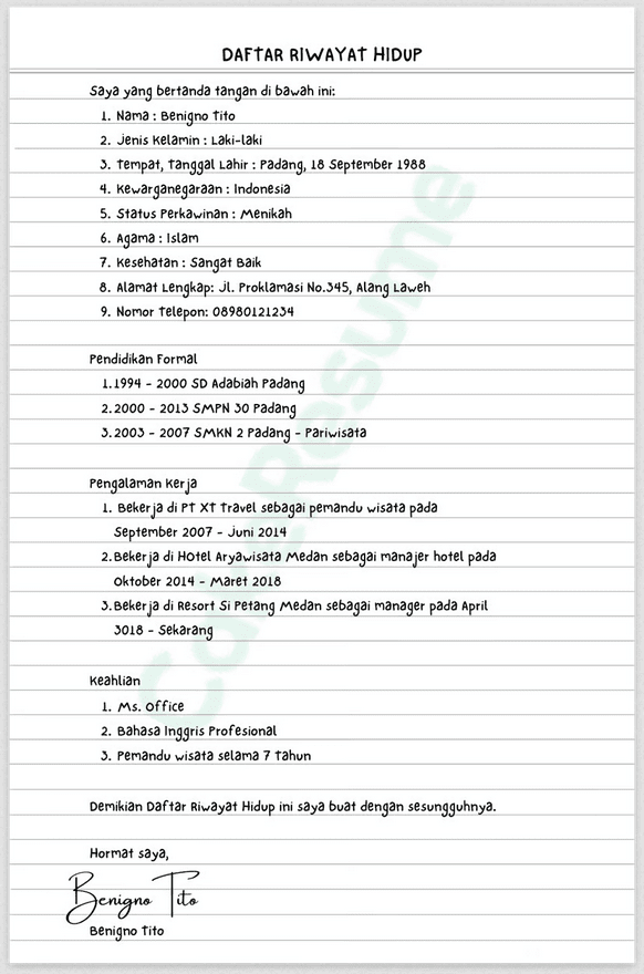 Contoh Daftar Riwayat Hidup dan Bagian-bagian yang Harus ada 4 Contoh Daftar Riwayat Hidup Tulis Tangan 3