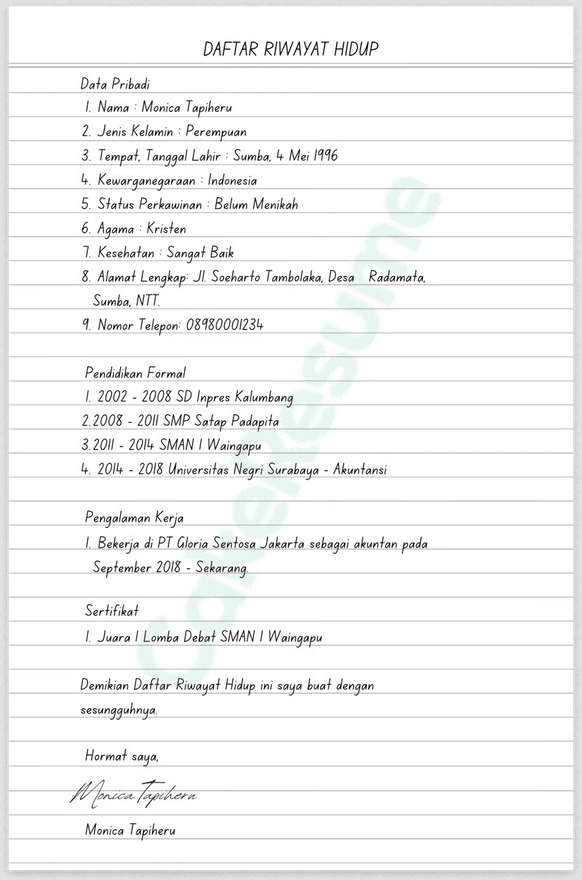 Contoh Daftar Riwayat Hidup dan Bagian-bagian yang Harus ada 2 Contoh Daftar Riwayat Hidup Tulis Tangan 4