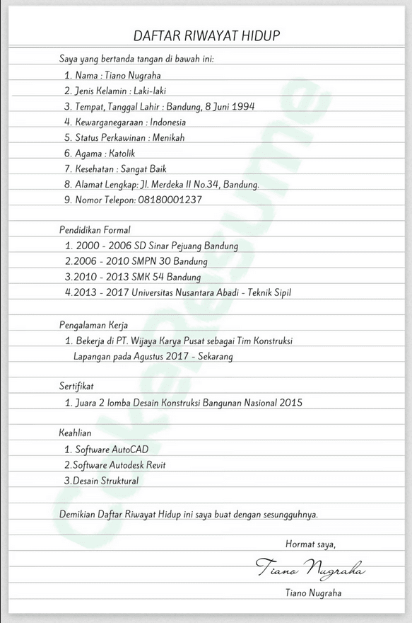 Contoh Daftar Riwayat Hidup dan Bagian-bagian yang Harus ada 6 Contoh Daftar Riwayat Hidup Tulis Tangan